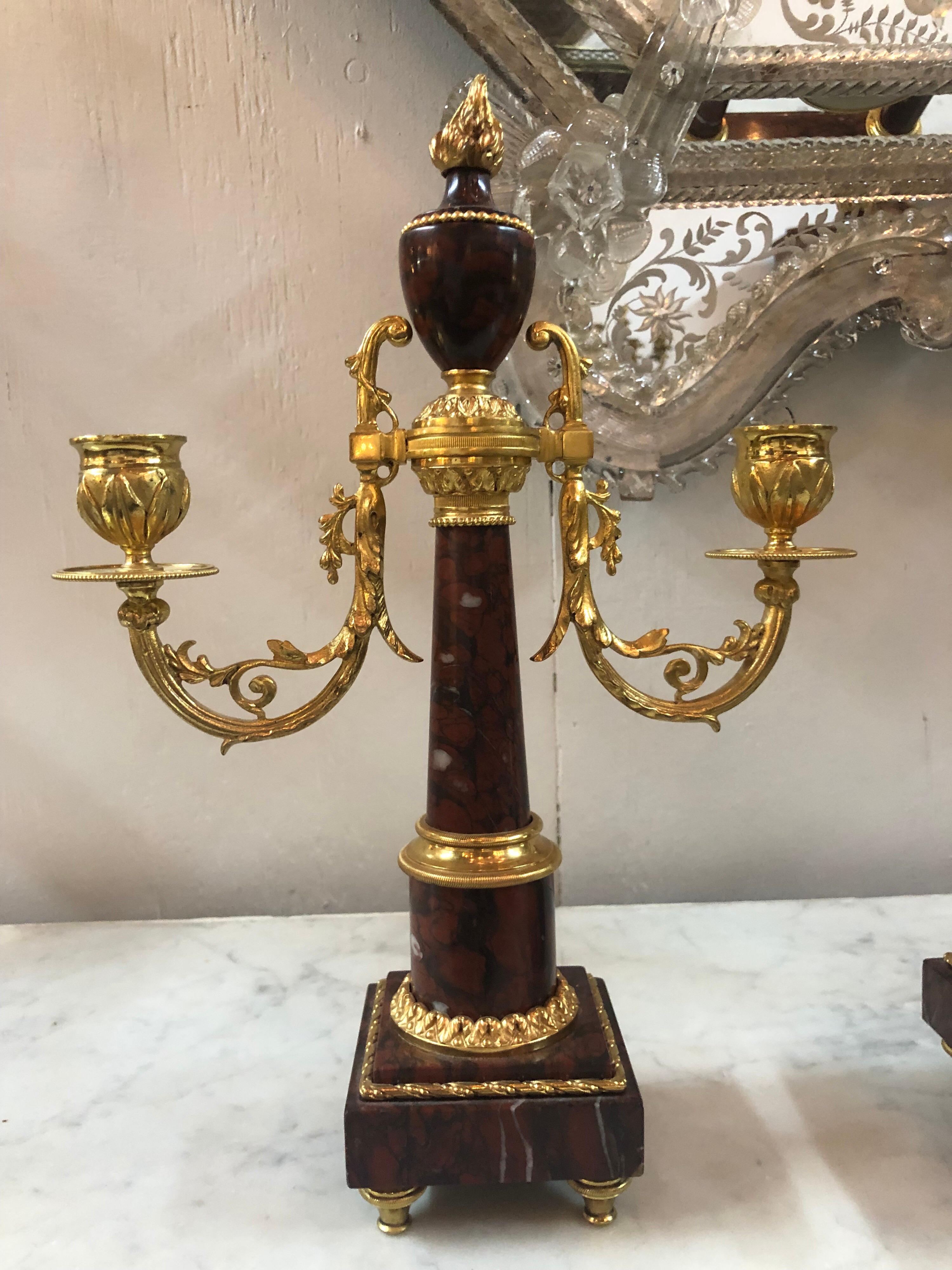19th Century French 3-Piece Rouge Marble and Bronze Clock Set 1