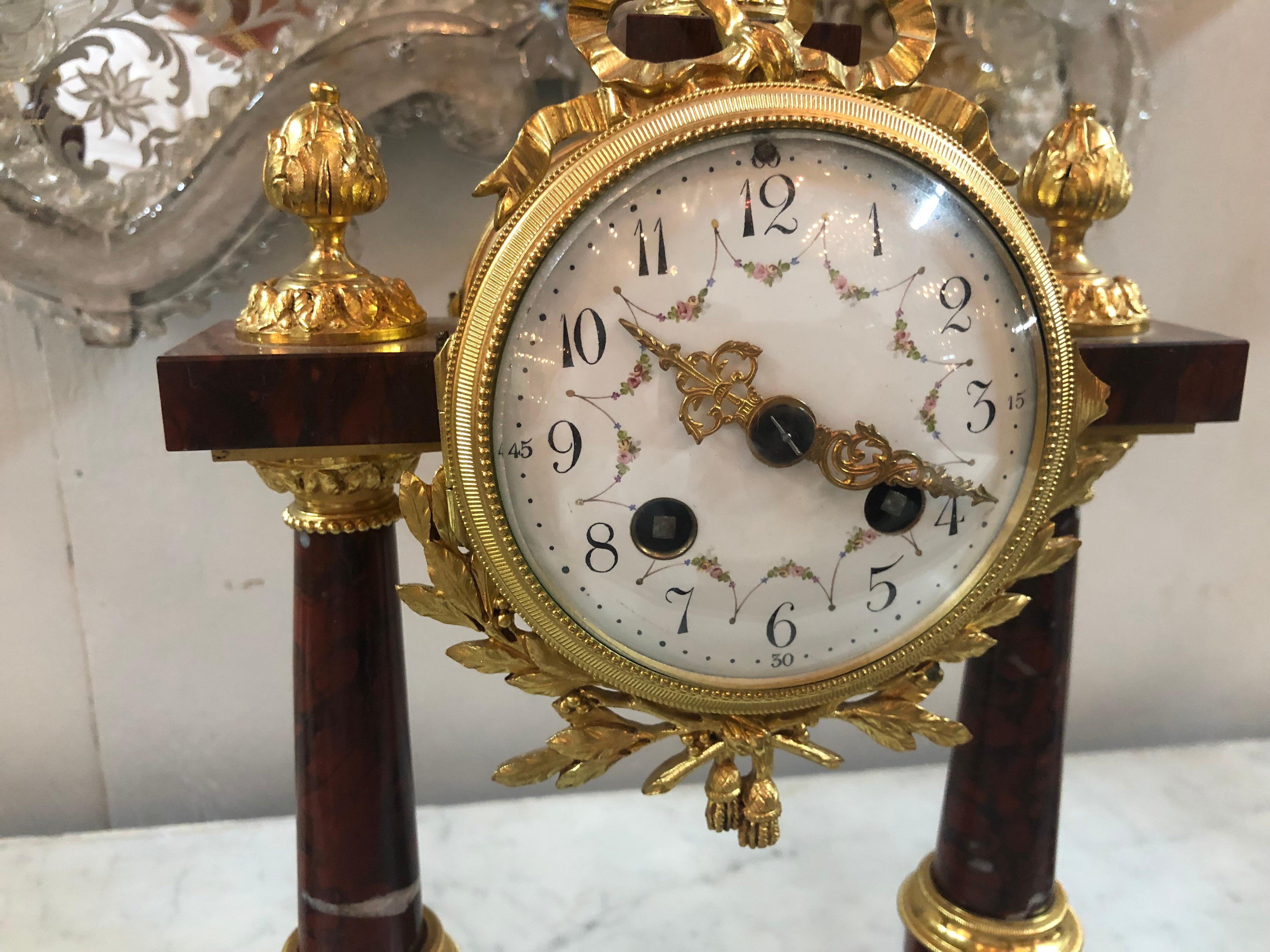 19th Century French 3-Piece Rouge Marble and Bronze Clock Set 2