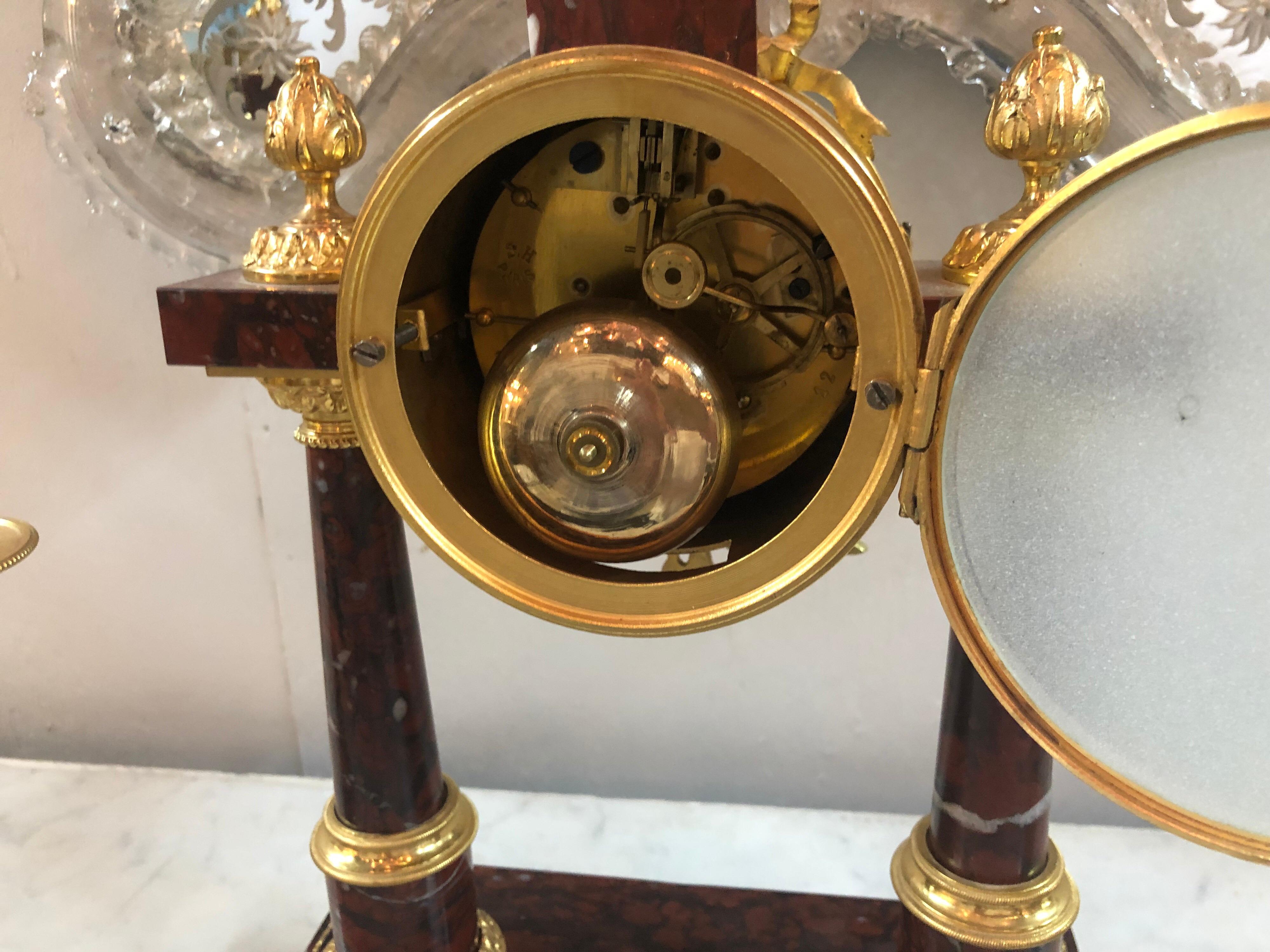 19th Century French 3-Piece Rouge Marble and Bronze Clock Set 3