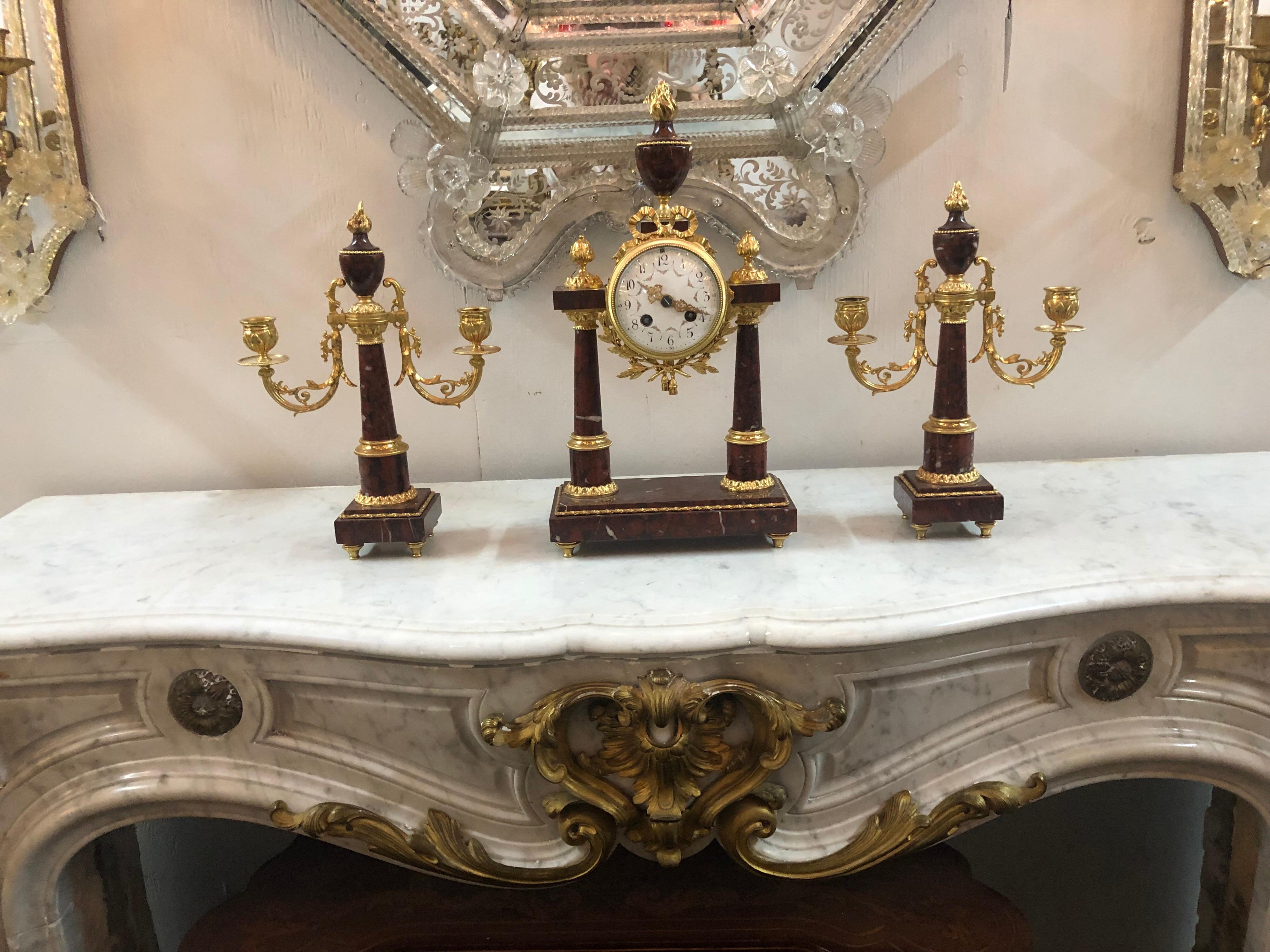 19th Century French 3-Piece Rouge Marble and Bronze Clock Set 4