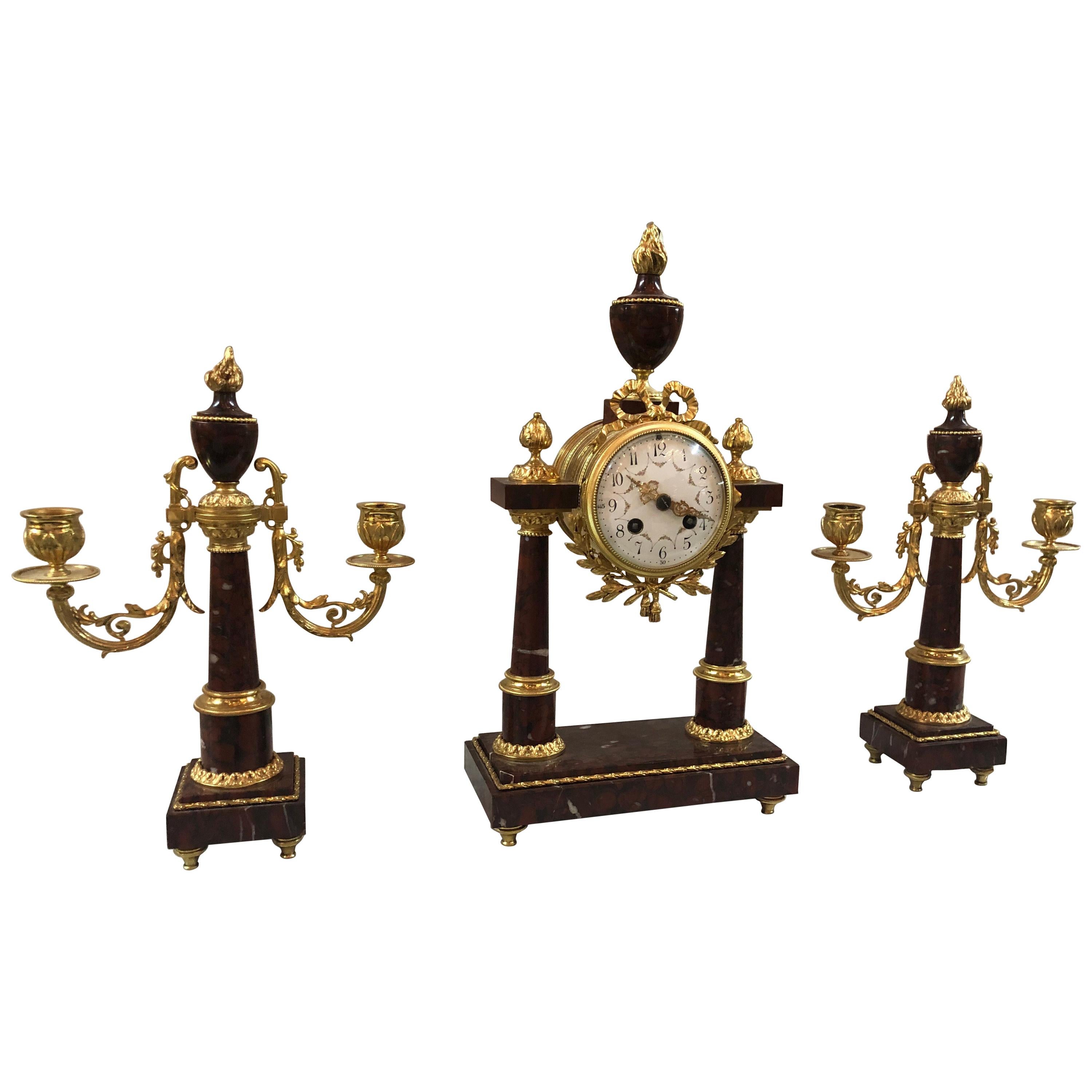19th Century French 3-Piece Rouge Marble and Bronze Clock Set