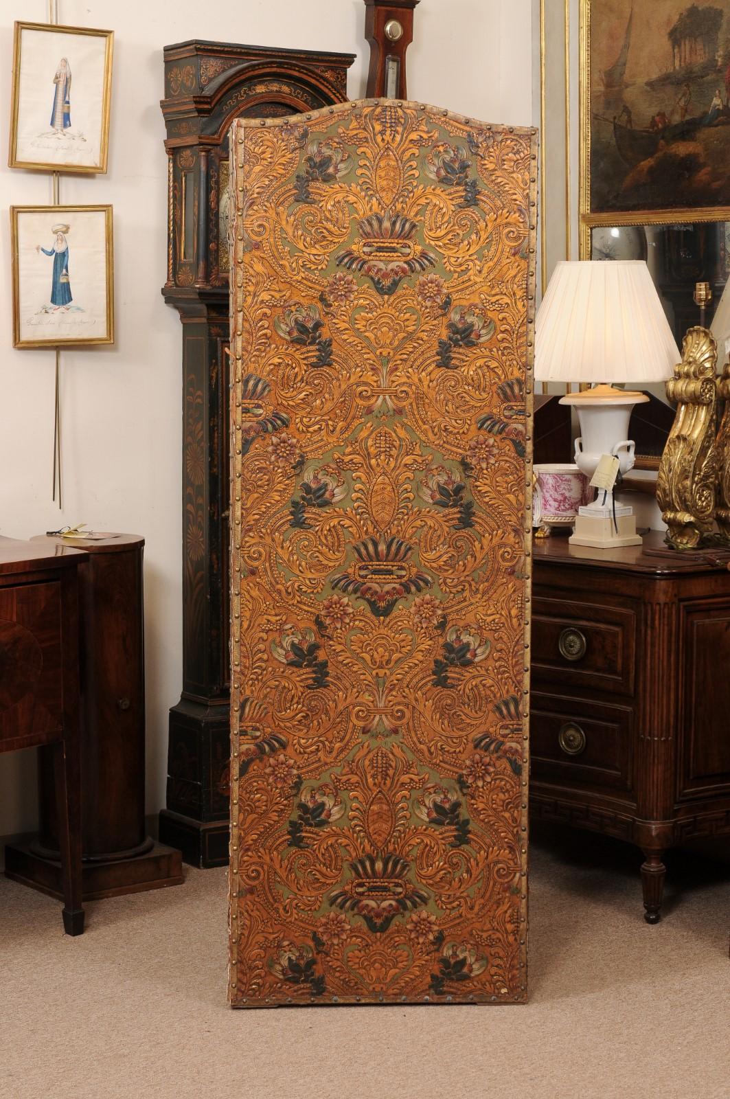  19th Century French 4 Panel Embossed & Painted Folding Screen For Sale 7