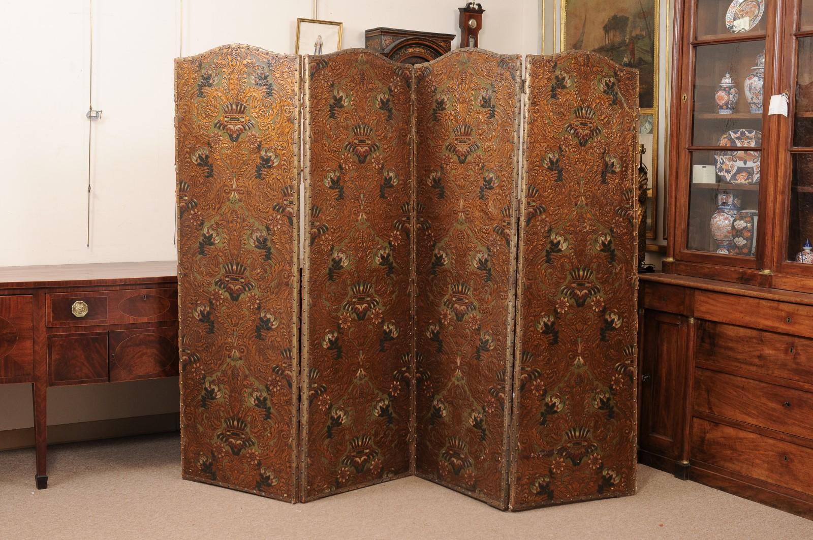  19th Century French 4 Panel Embossed & Painted Folding Screen In Fair Condition For Sale In Atlanta, GA