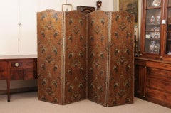 19th Century French 4 Panel Embossed & Painted Folding Screen
