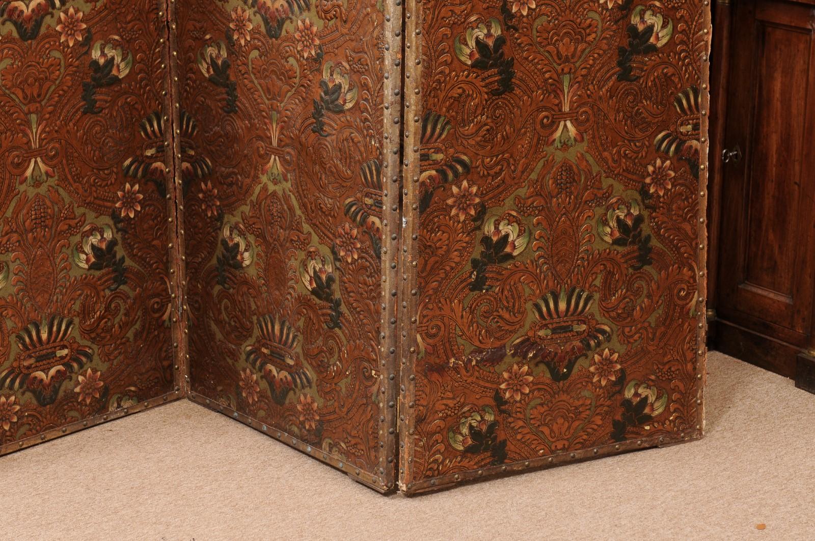  19th Century French 4 Panel Embossed & Painted Folding Screen For Sale 1