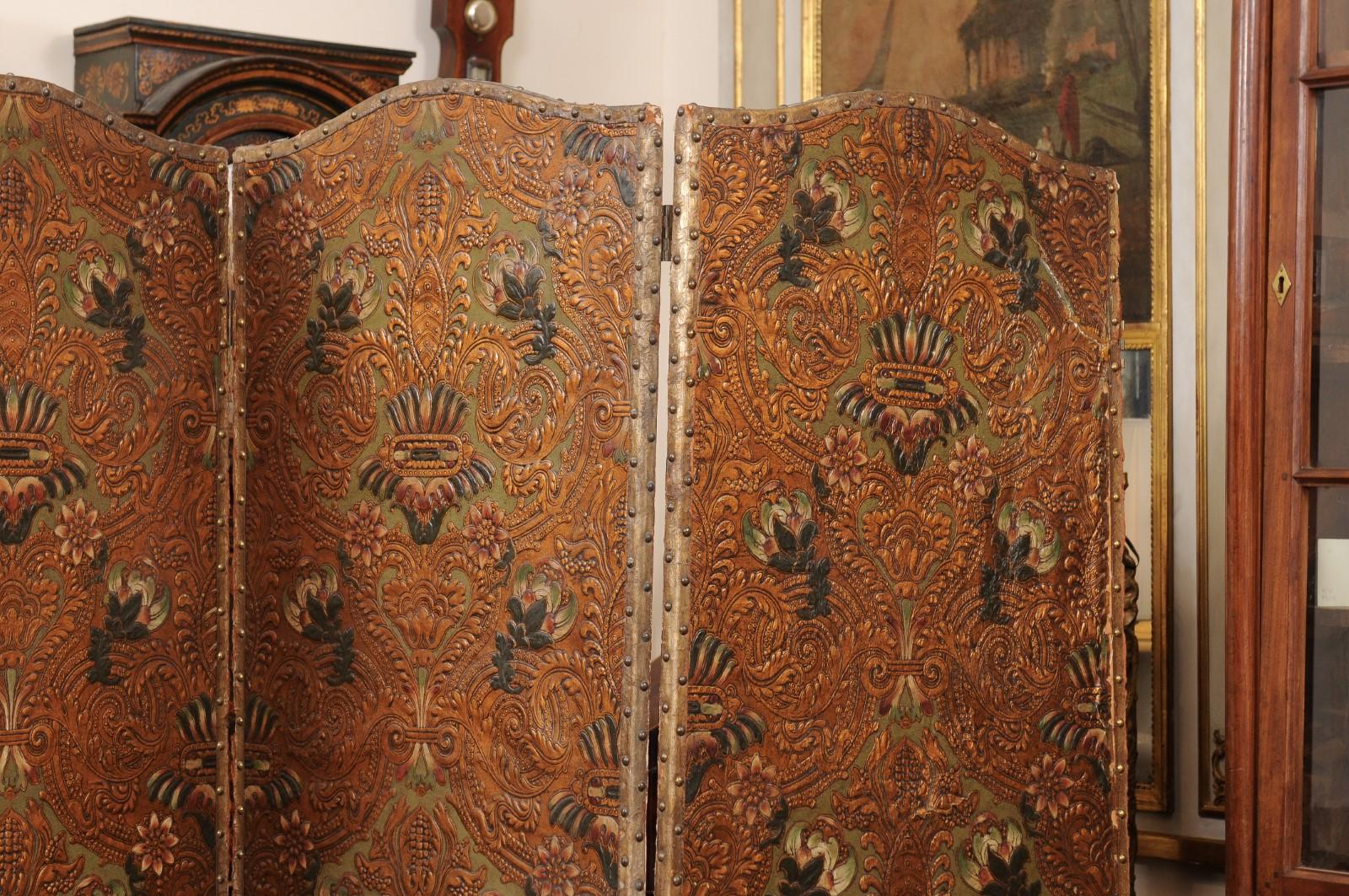  19th Century French 4 Panel Embossed & Painted Folding Screen For Sale 2