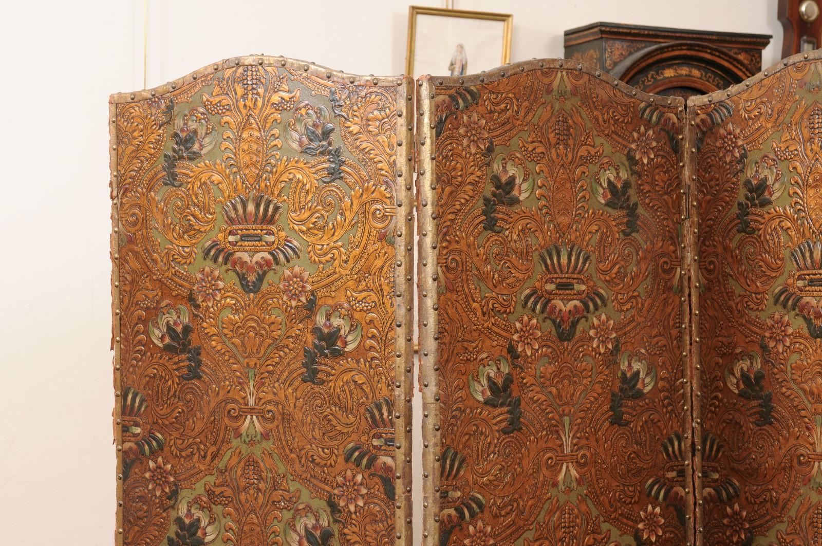  19th Century French 4 Panel Embossed & Painted Folding Screen For Sale 3