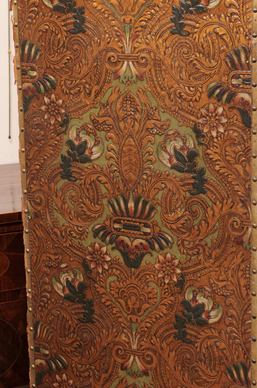  19th Century French 4 Panel Embossed & Painted Folding Screen For Sale 6