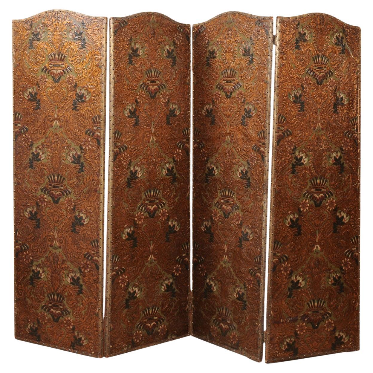  19th Century French 4 Panel Embossed & Painted Folding Screen For Sale