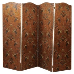  19th Century French 4 Panel Embossed & Painted Folding Screen