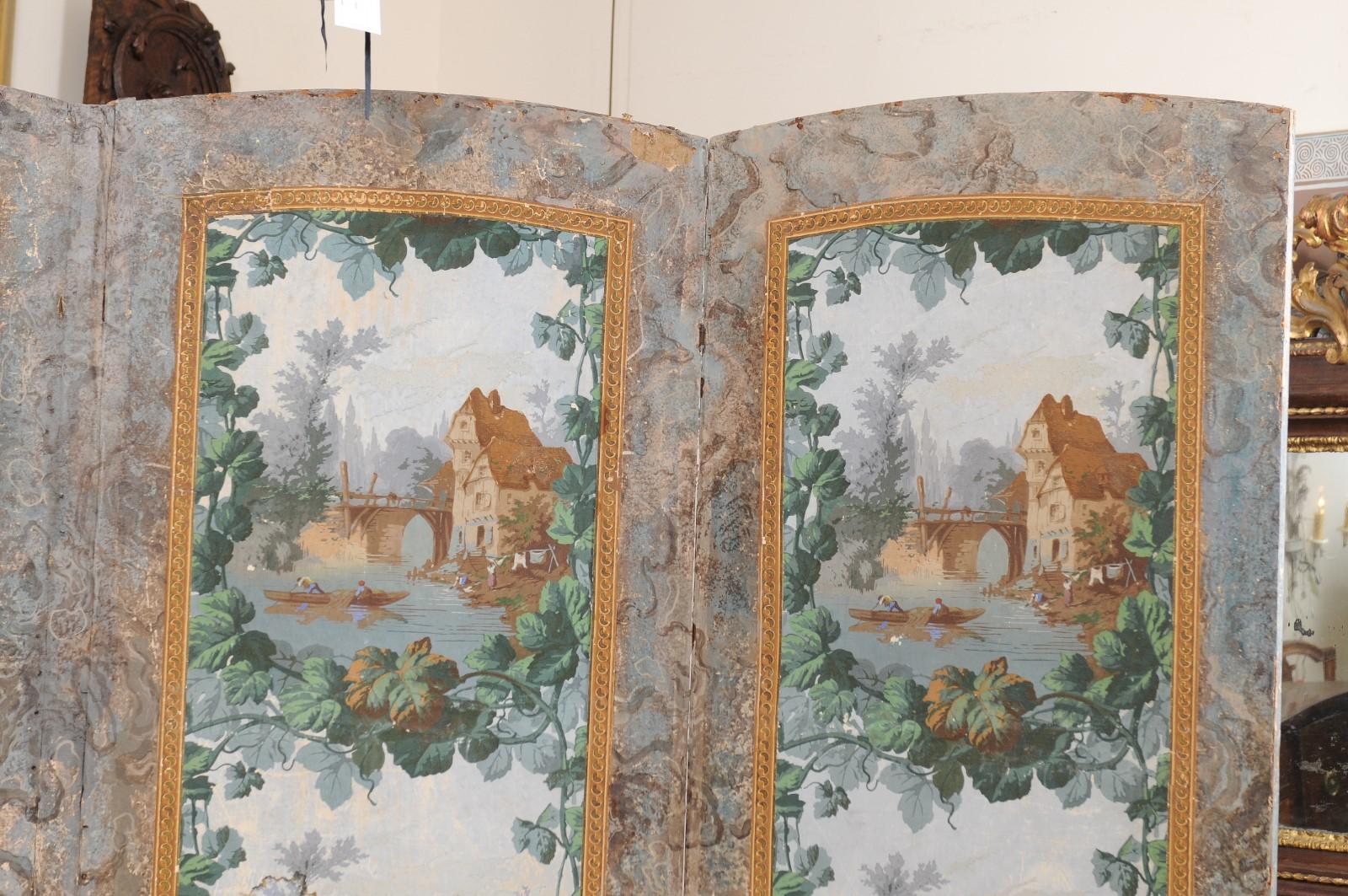 19th Century French 4-Panel Wallpaper Mounted on Canvas Folding Screen For Sale 7