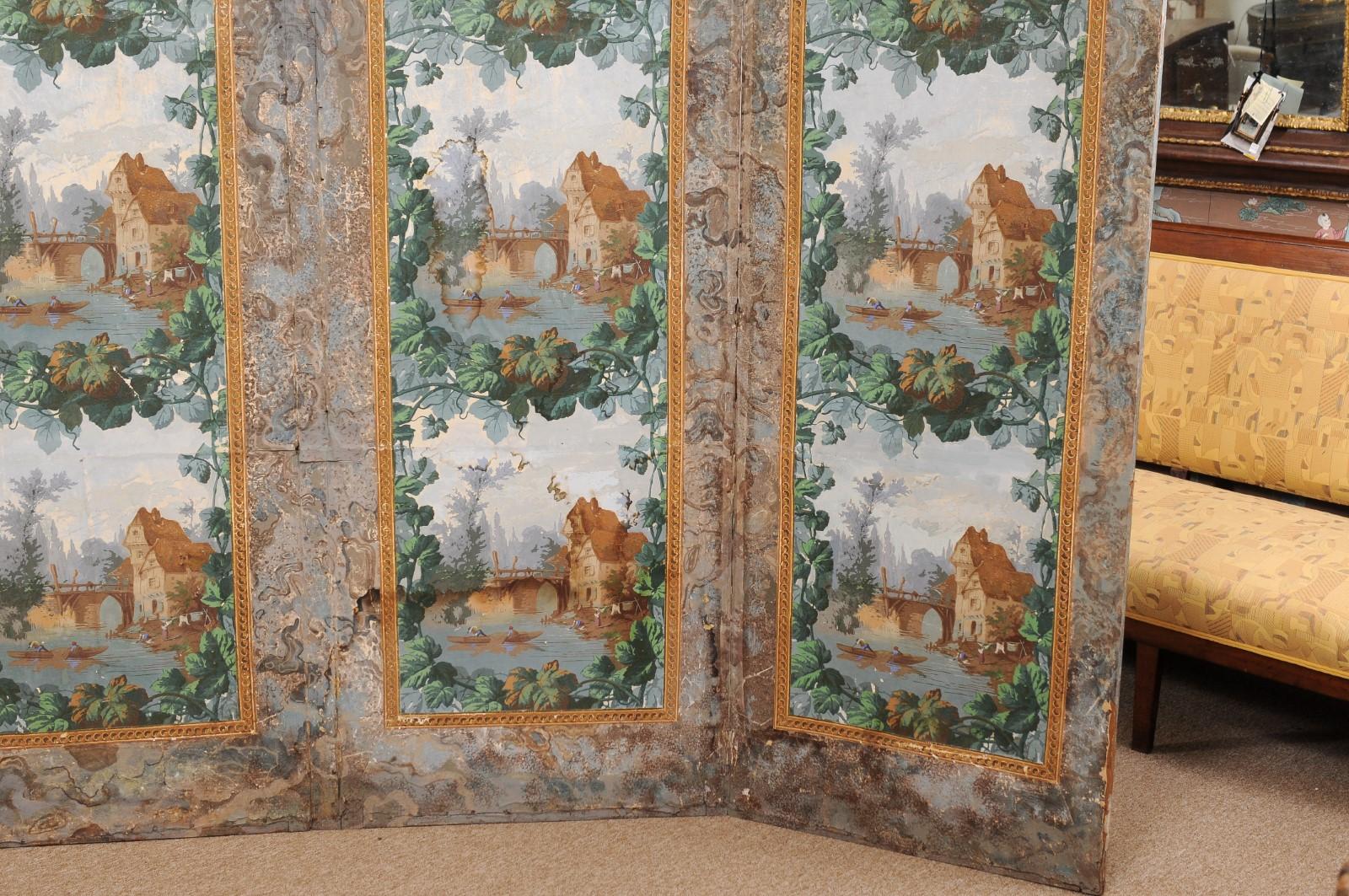 19th Century French 4-Panel Wallpaper Mounted on Canvas Folding Screen For Sale 8