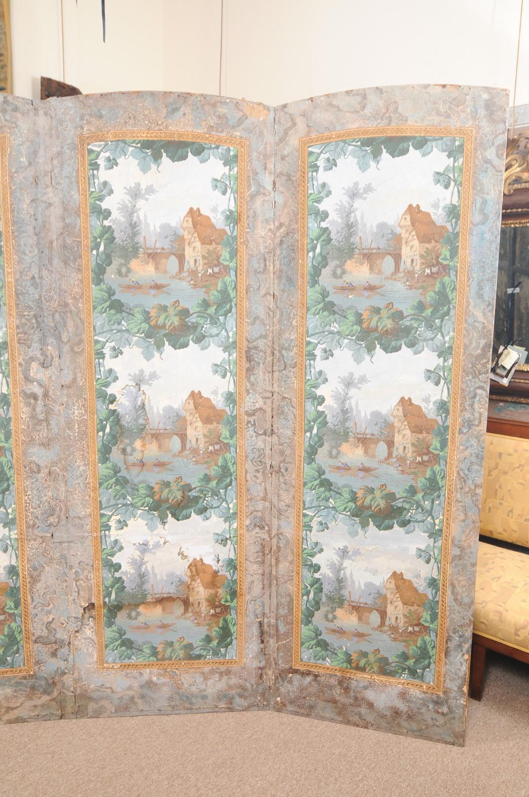 19th century French 4-Panel Wallpaper mounted on Canvas Folding Screen featuring Canal Scene.