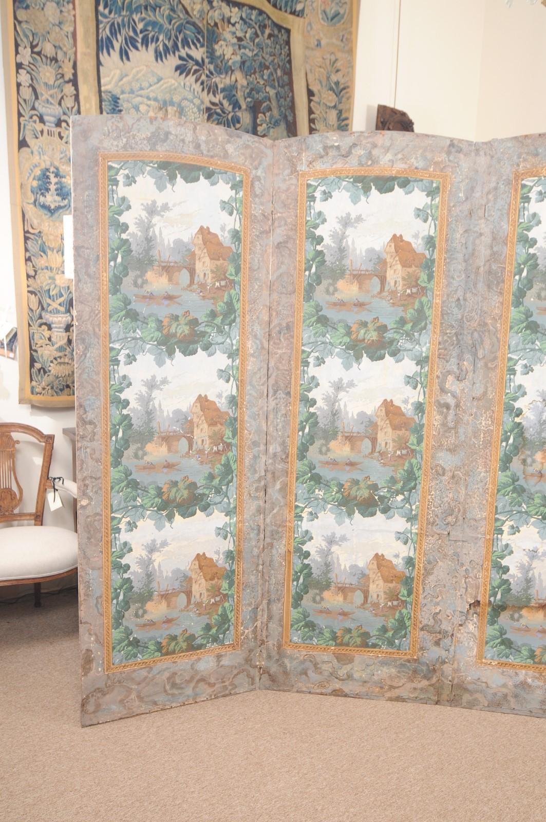 19th Century French 4-Panel Wallpaper Mounted on Canvas Folding Screen In Good Condition For Sale In Atlanta, GA