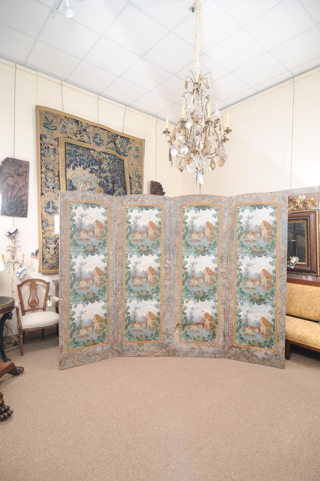 19th Century French 4-Panel Wallpaper Mounted on Canvas Folding Screen For Sale 1