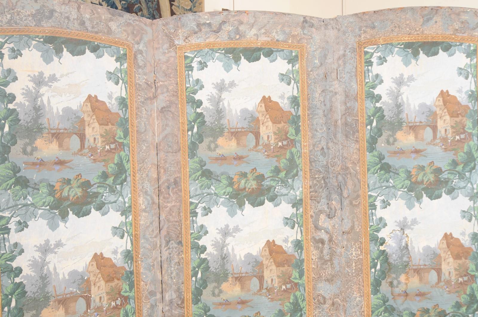 19th Century French 4-Panel Wallpaper Mounted on Canvas Folding Screen For Sale 2