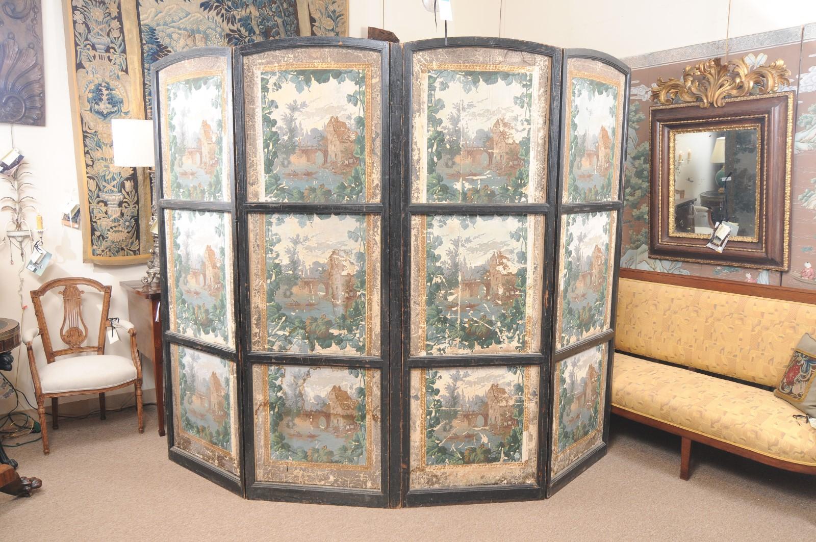 19th Century French 4-Panel Wallpaper Mounted on Canvas Folding Screen For Sale 3