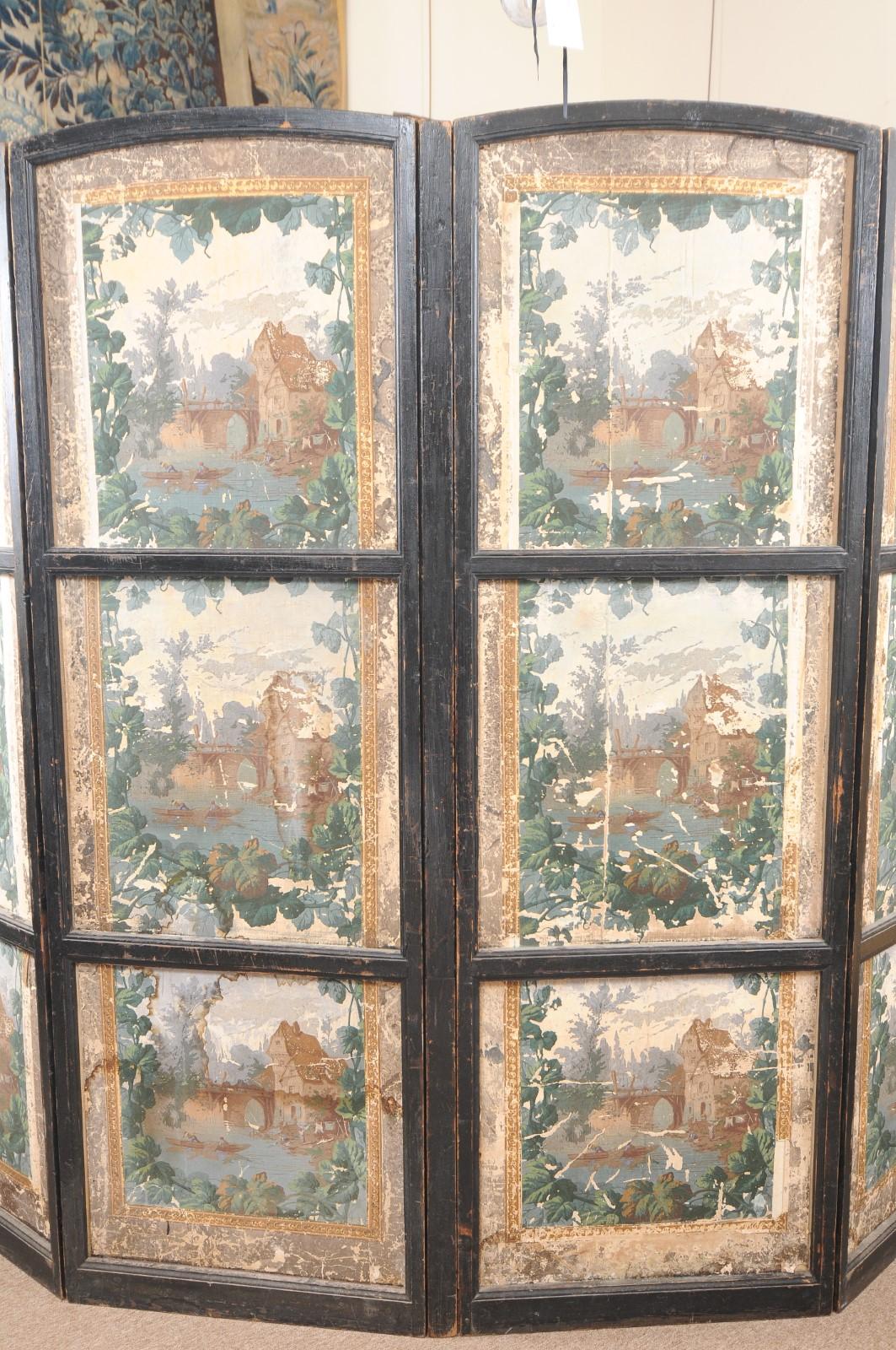 19th Century French 4-Panel Wallpaper Mounted on Canvas Folding Screen For Sale 4