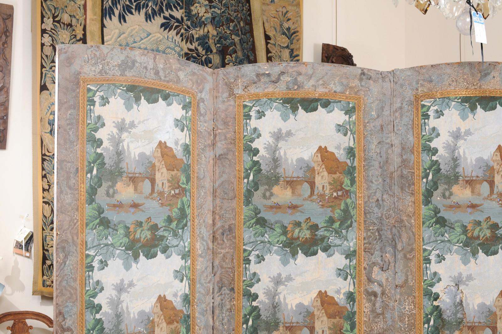 19th Century French 4-Panel Wallpaper Mounted on Canvas Folding Screen For Sale 5