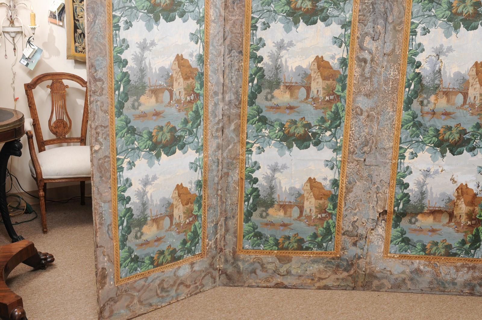 19th Century French 4-Panel Wallpaper Mounted on Canvas Folding Screen For Sale 6