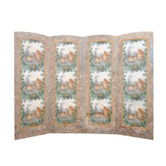 19th Century French 4-Panel Wallpaper Mounted on Canvas Folding Screen