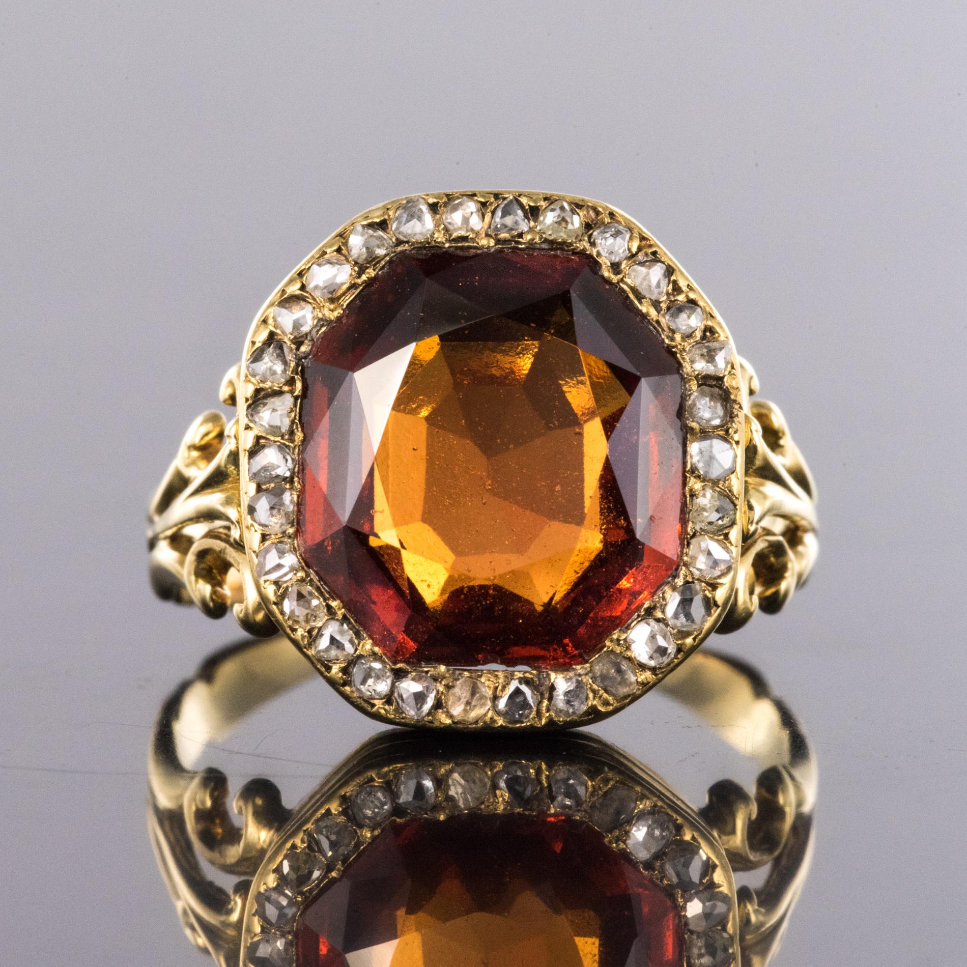 Napoleon III 19th Century French 6.20 Carat Hessonite Garnet Rose Cut Diamonds Antique Ring
