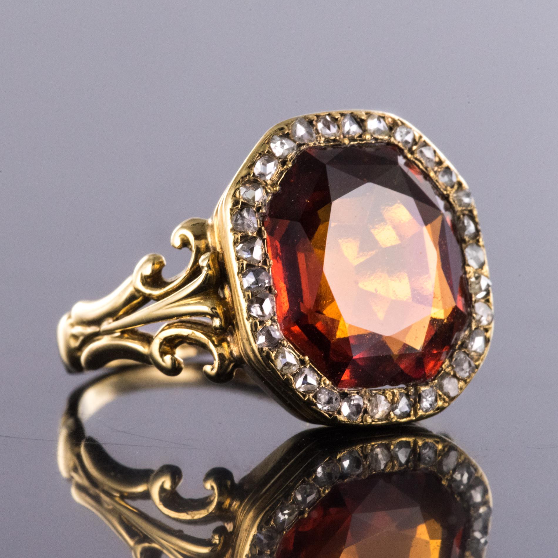 Women's 19th Century French 6.20 Carat Hessonite Garnet Rose Cut Diamonds Antique Ring