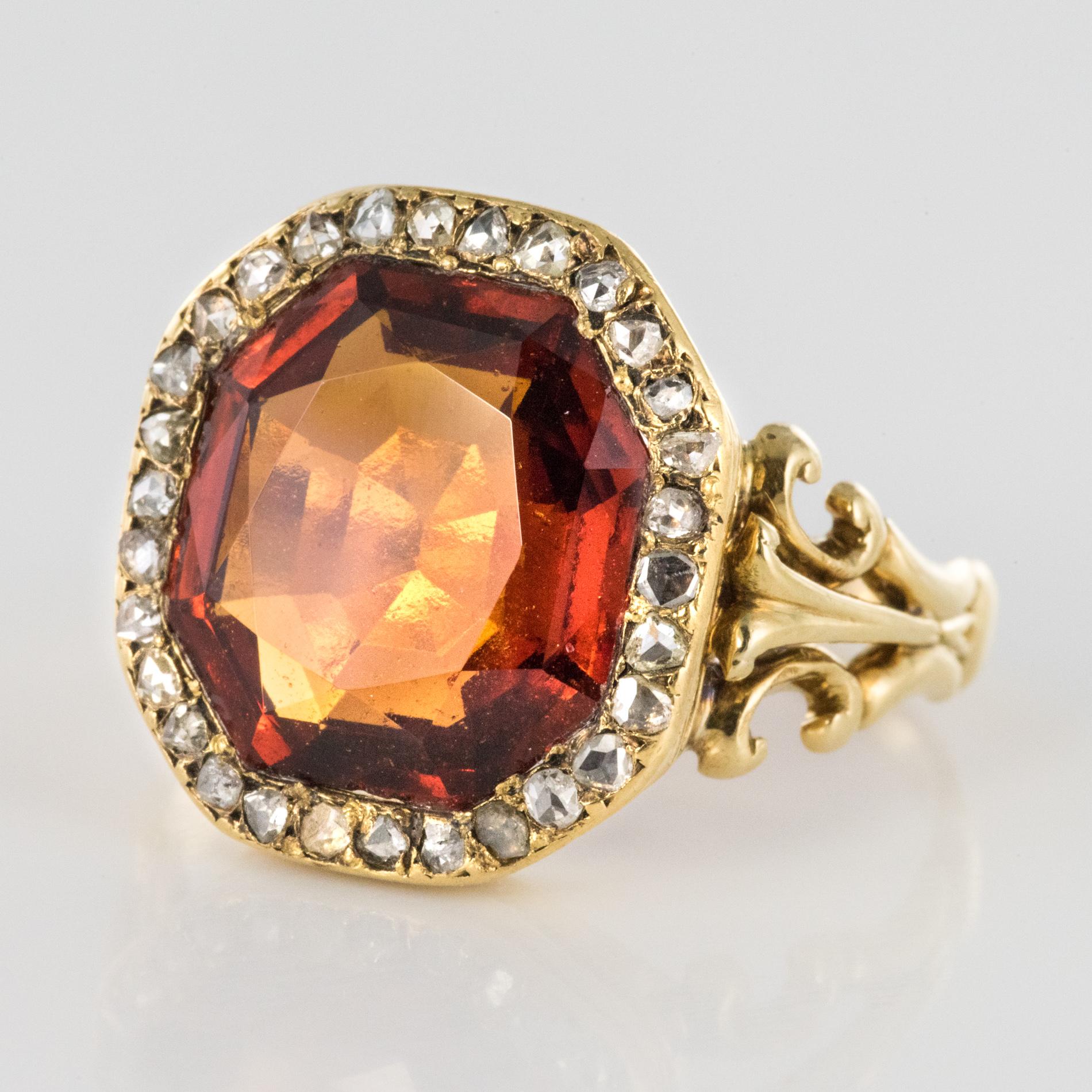 19th Century French 6.20 Carat Hessonite Garnet Rose Cut Diamonds Antique Ring 2