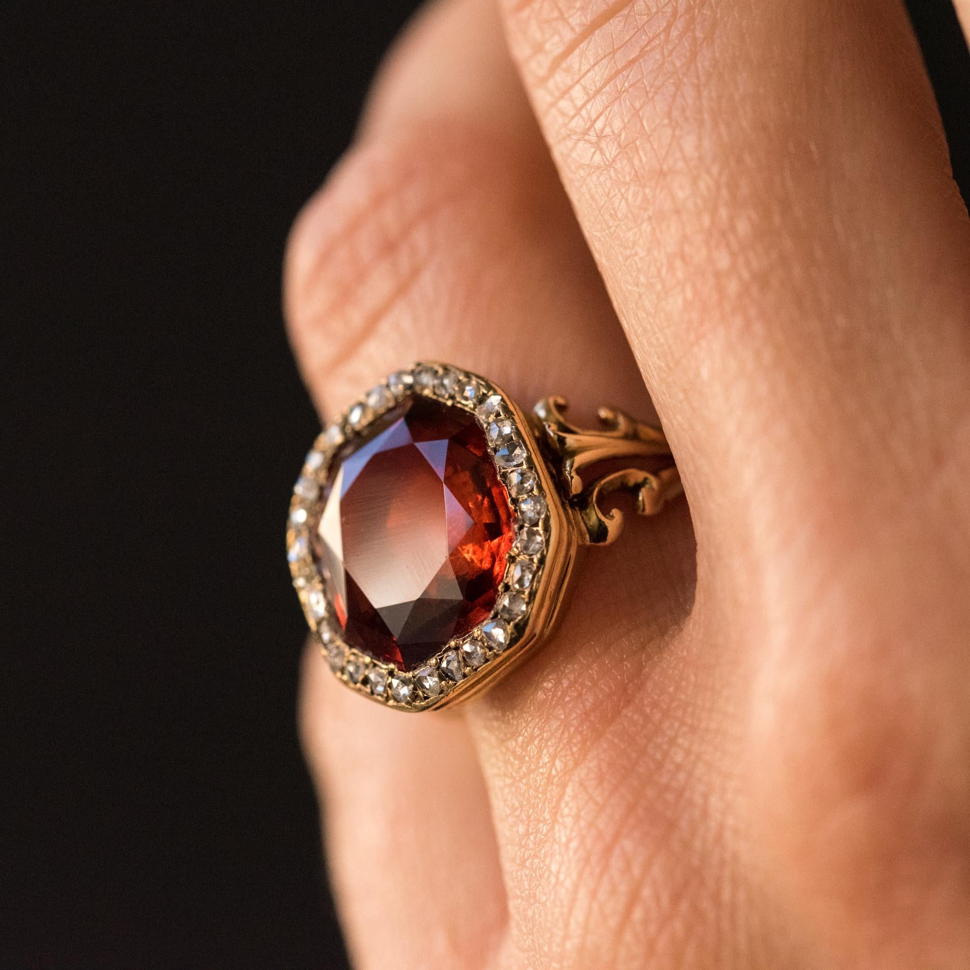 19th Century French 6.20 Carat Hessonite Garnet Rose Cut Diamonds Antique Ring 3