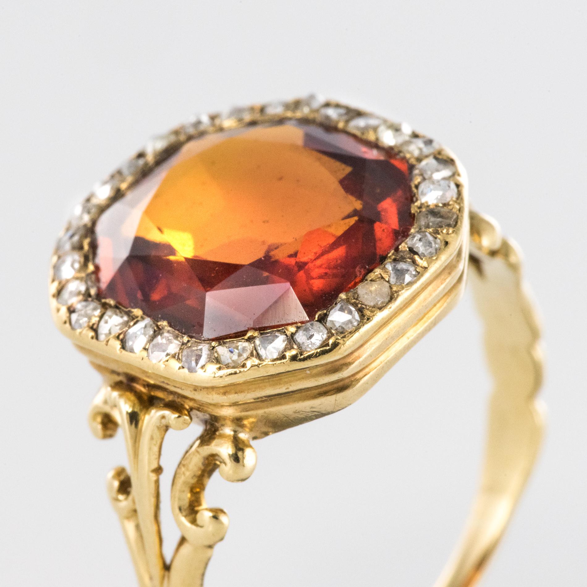 19th Century French 6.20 Carat Hessonite Garnet Rose Cut Diamonds Antique Ring 4