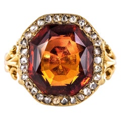 19th Century French 6.20 Carat Hessonite Garnet Rose Cut Diamonds Antique Ring