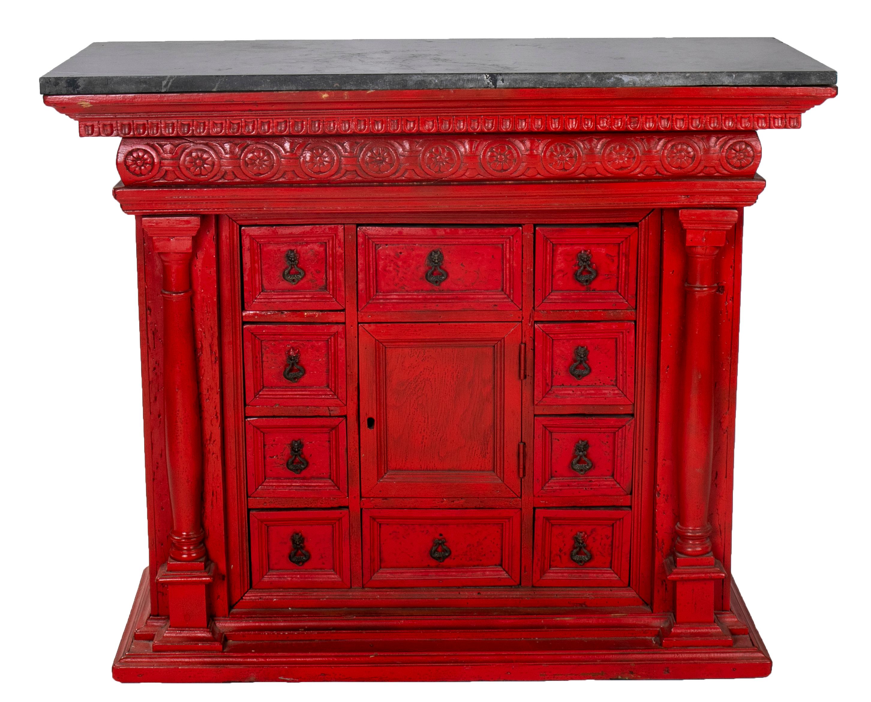 Wood 19th Century French 8-Drawer Red Painted Cabinet For Sale