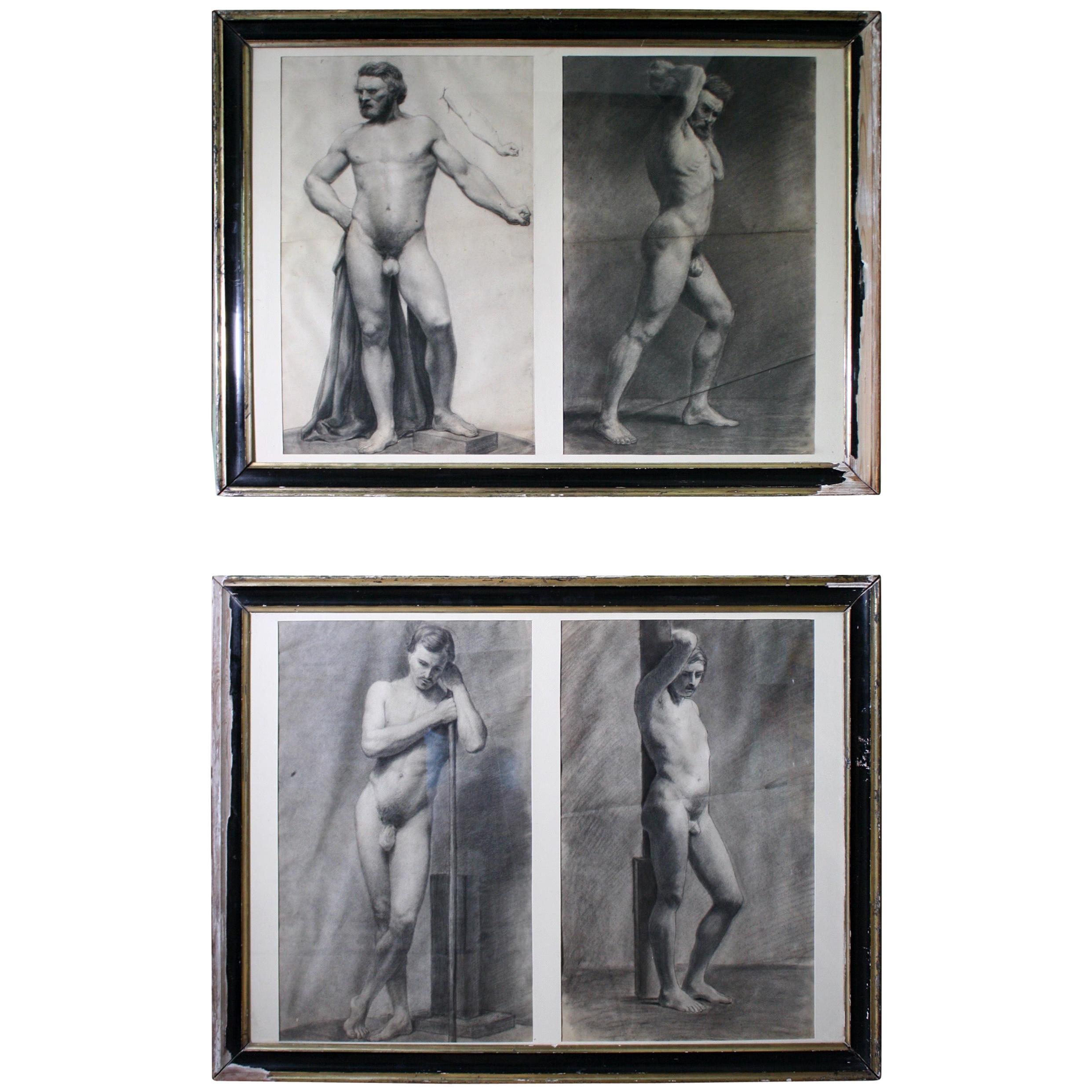 19th Century French Academic Anatomical Pencil Charcoal Nude Drawings Studies