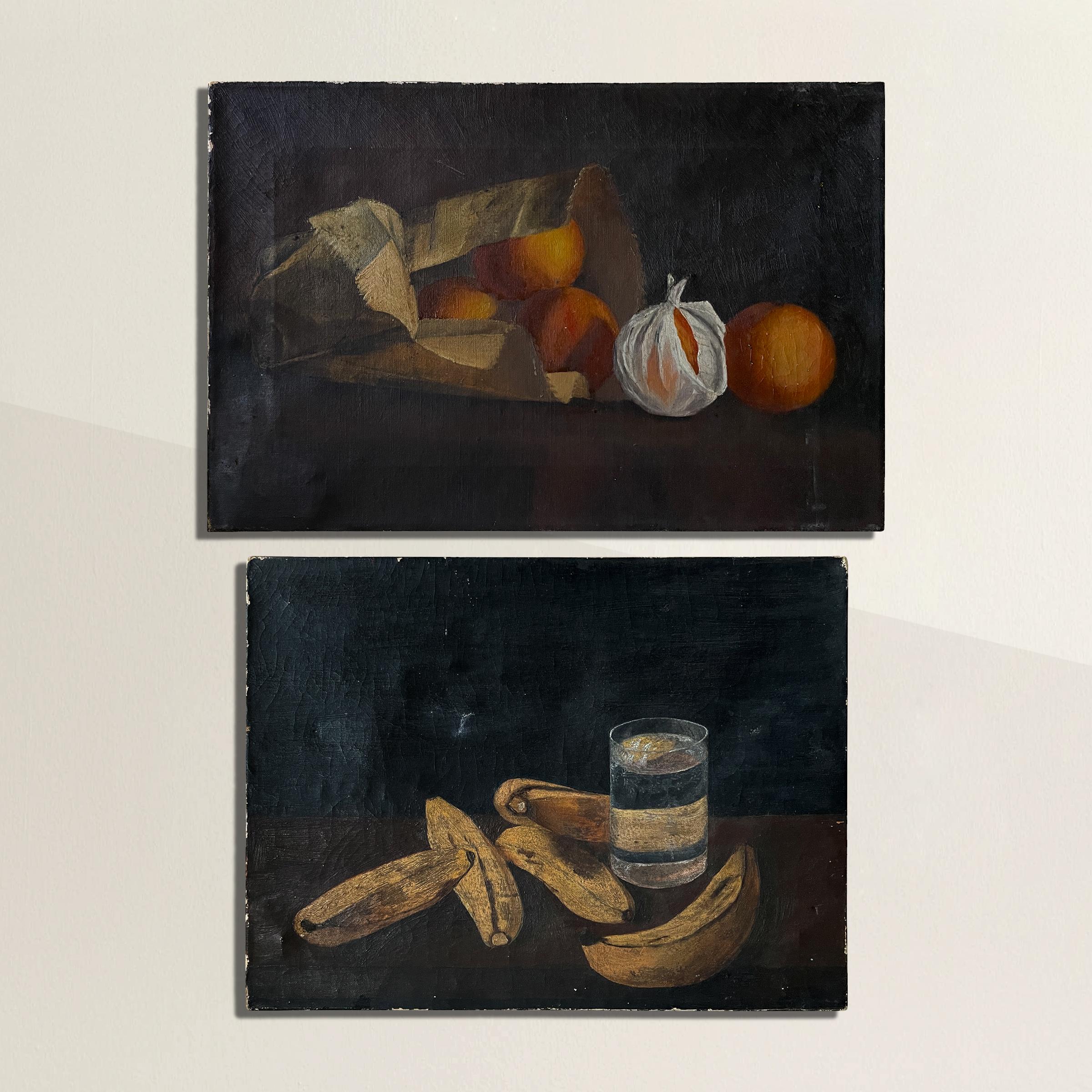 A wonderfully charming set of two 19th century French academic oil-on-canvas sill life paintings, one depicting oranges in brown paper bag, and the other depicting a bunch of bananas with a glass of water. The banana painting is initialed and dated