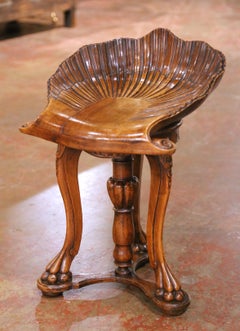 19th Century French Adjustable Walnut Piano Stool with Carved Shell Seat