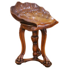 19th Century French Adjustable Walnut Piano Stool with Carved Shell Seat