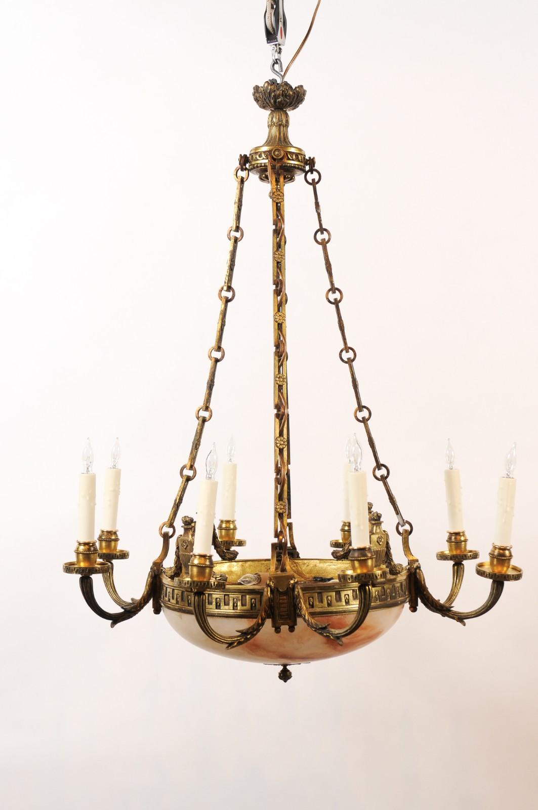 19th Century French Alabaster & Bronze Chandelier with 8 Lights ca. 1890 For Sale 8