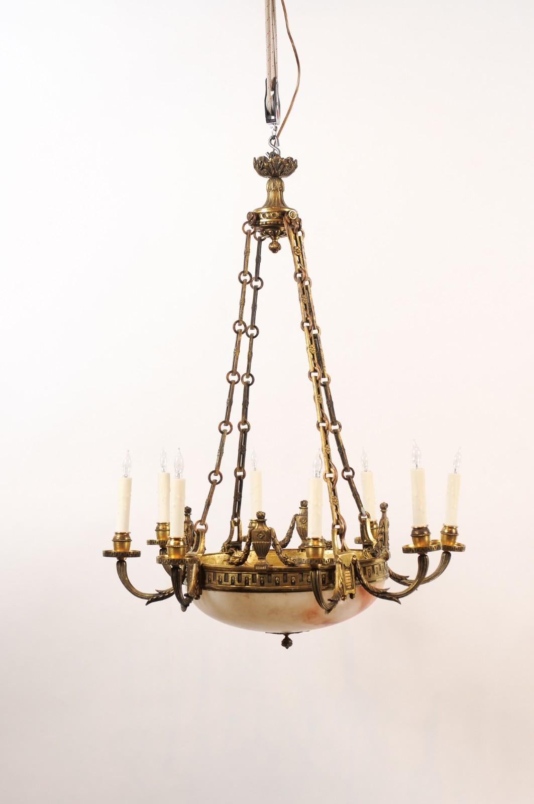 19th Century French Alabaster & Bronze Chandelier with 8 Lights ca. 1890 In Fair Condition For Sale In Atlanta, GA