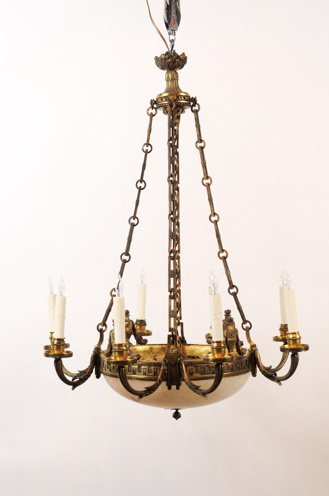 19th Century French Alabaster & Bronze Chandelier with 8 Lights ca. 1890 For Sale 7
