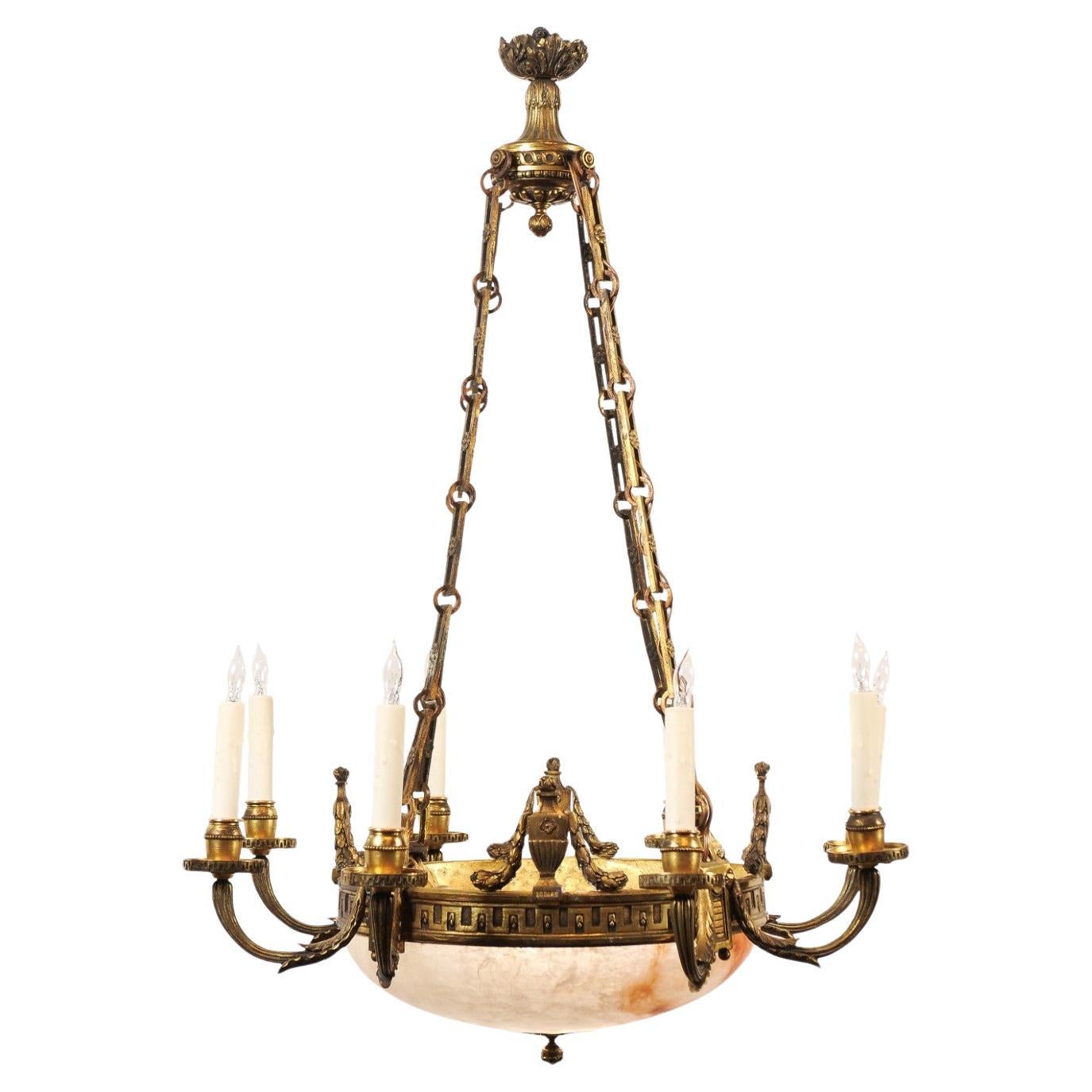 19th Century French Alabaster & Bronze Chandelier with 8 Lights ca. 1890 For Sale
