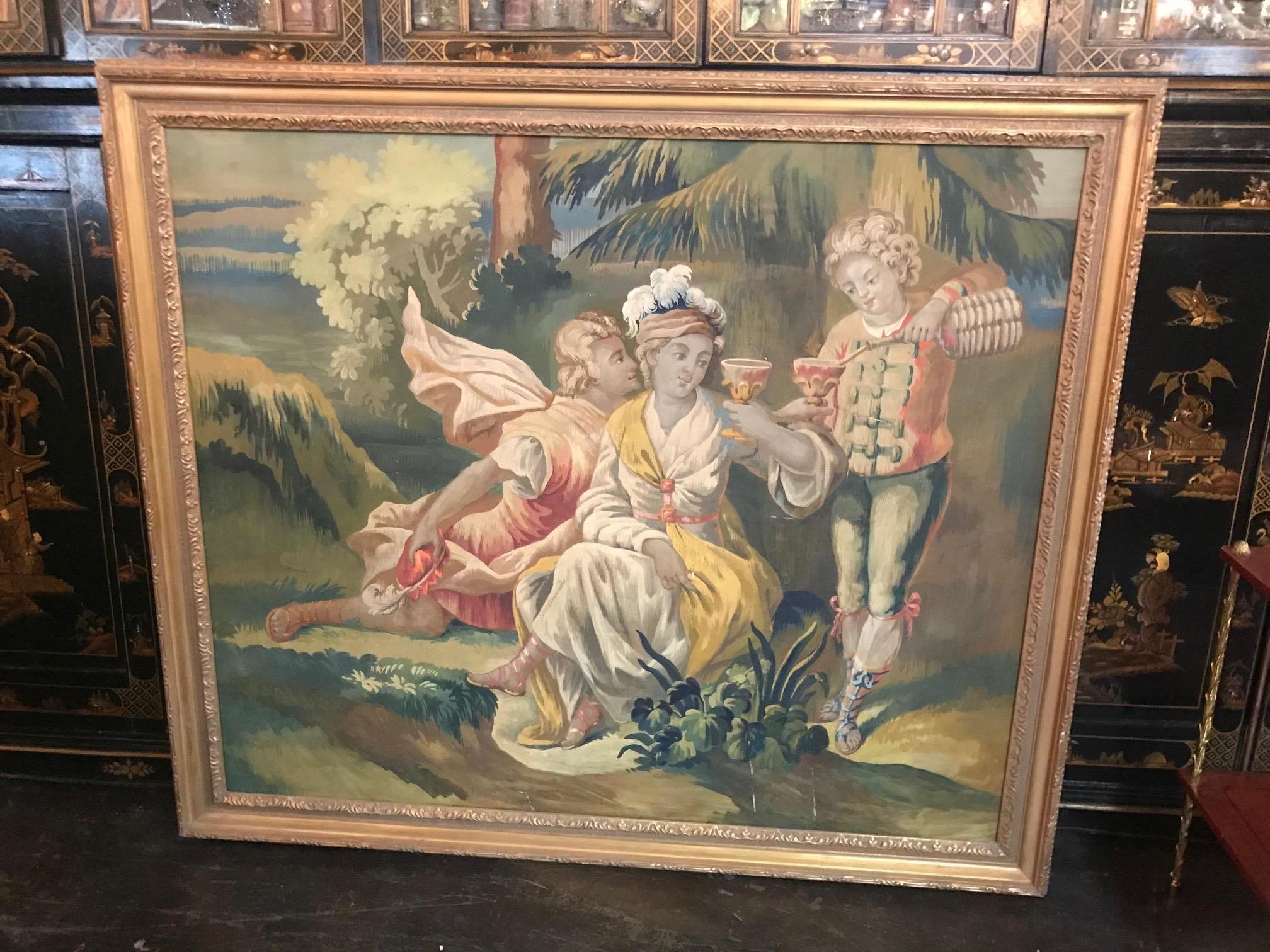 Fine quality 19th century French allegorical pastel on paper painting depicting a verdure landscape scene with paramours holding chalices as an attendant pours le vin. All dressed in 19th century French costume. Vivid colors and superb