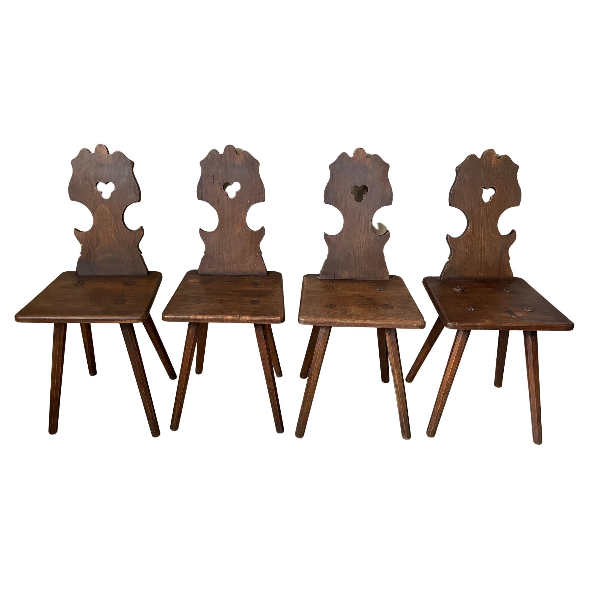 19th Century French Alsace Regional Set of Four Walnut Chairs, 1870s