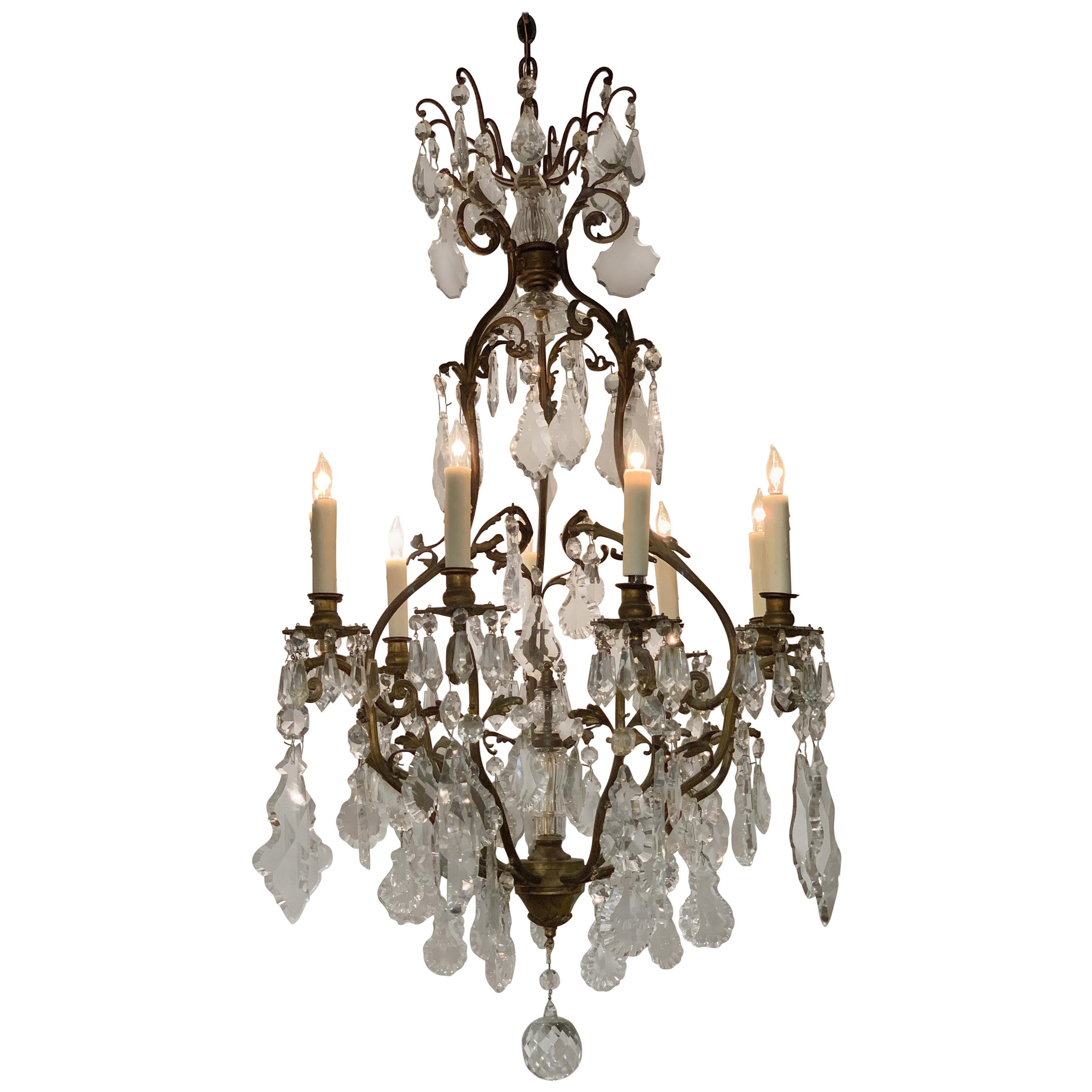19th Century French and Bronze Crystal 9 Light Chandelier