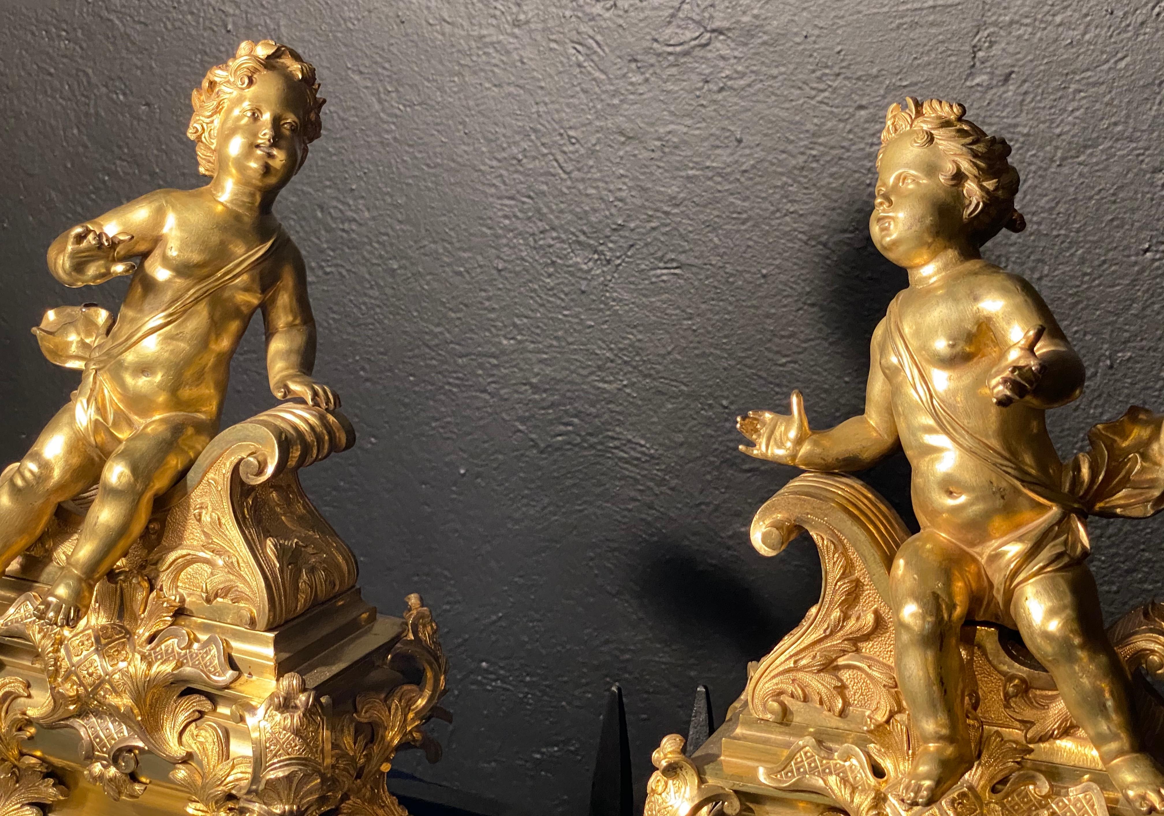 19th Century French Andirons, Opposing Cherubs on Stands in Doré Bronze 9