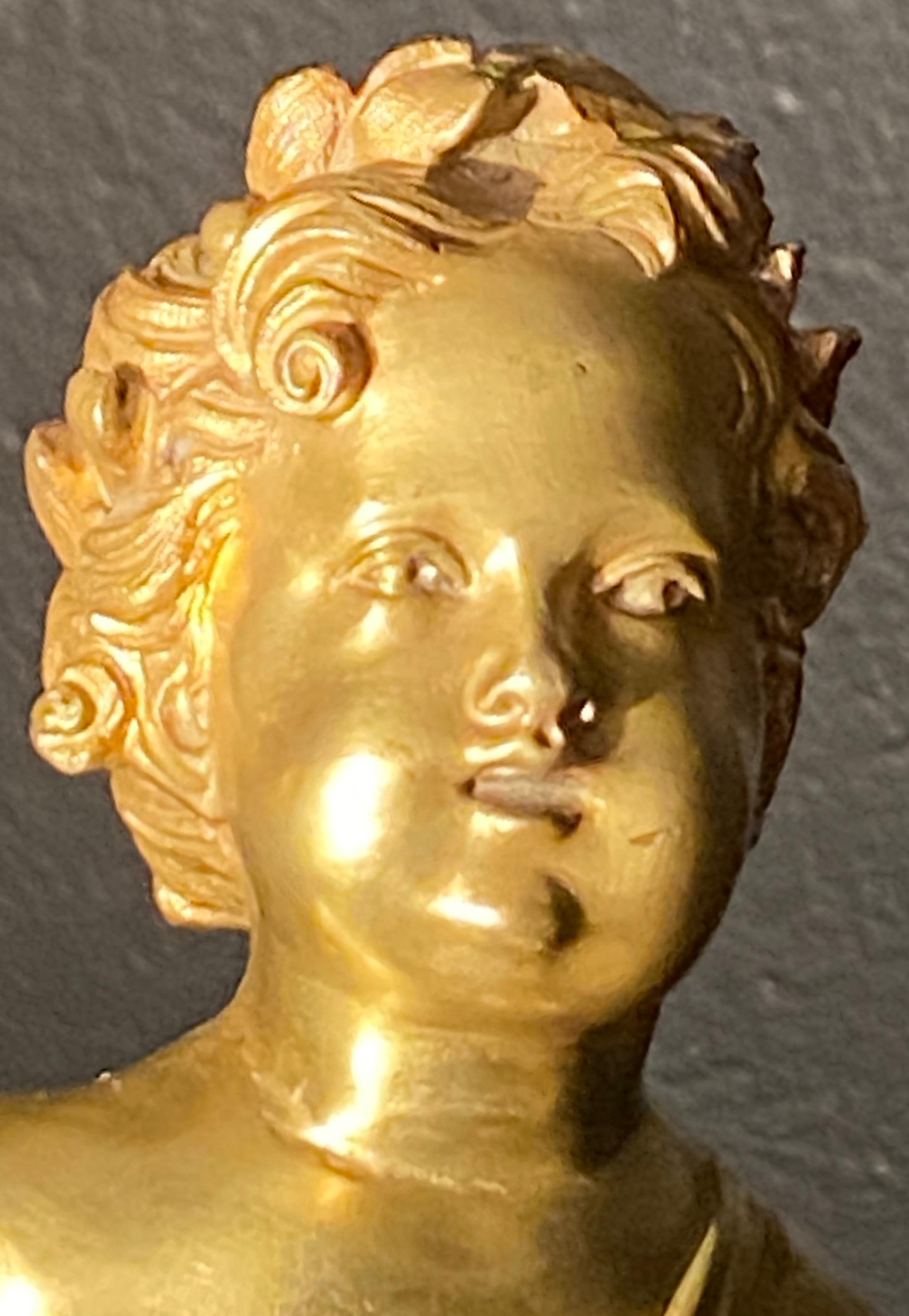 20th Century 19th Century French Andirons, Opposing Cherubs on Stands in Doré Bronze