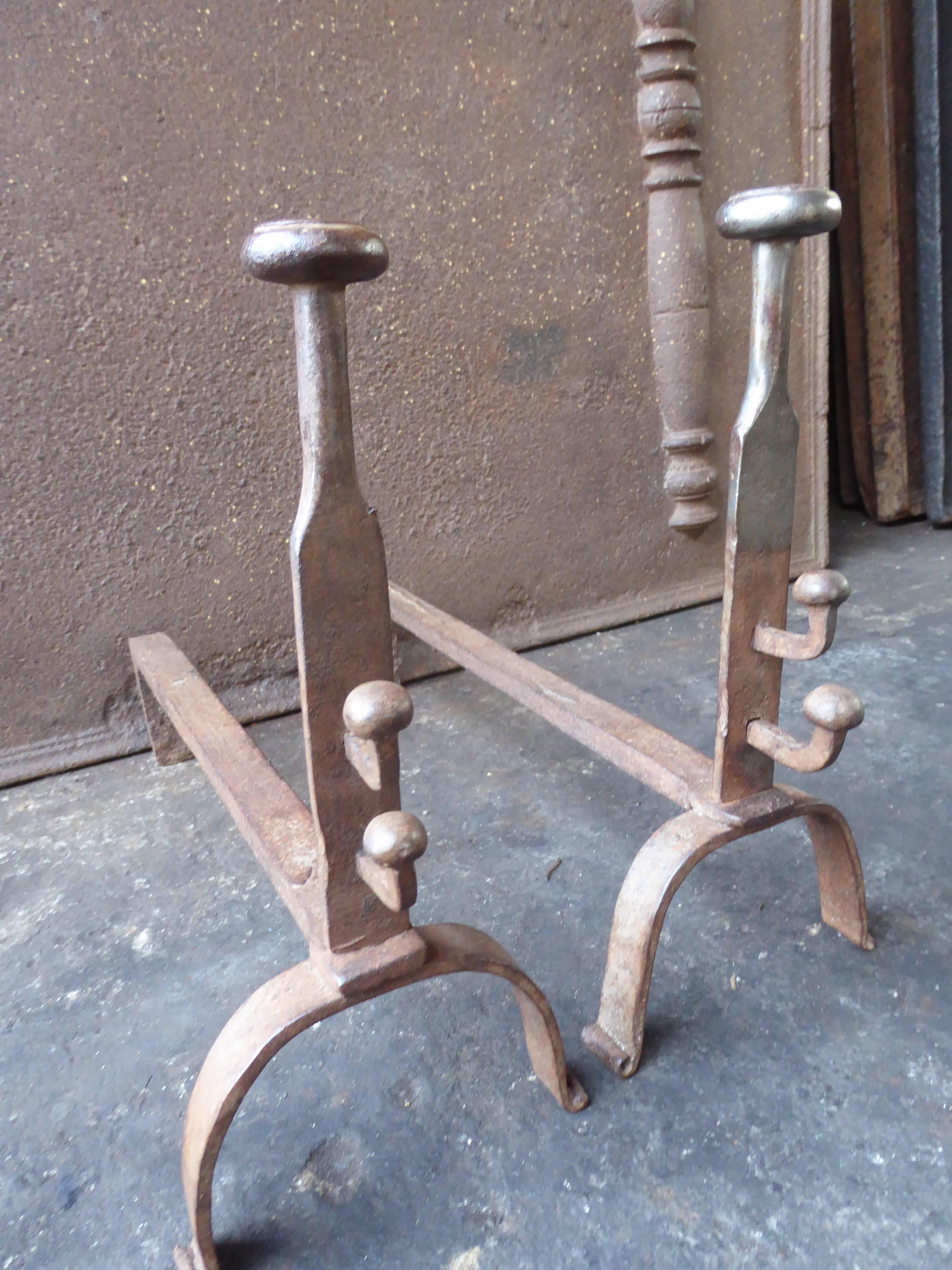 Wrought Iron 19th Century French Andirons or Firedogs