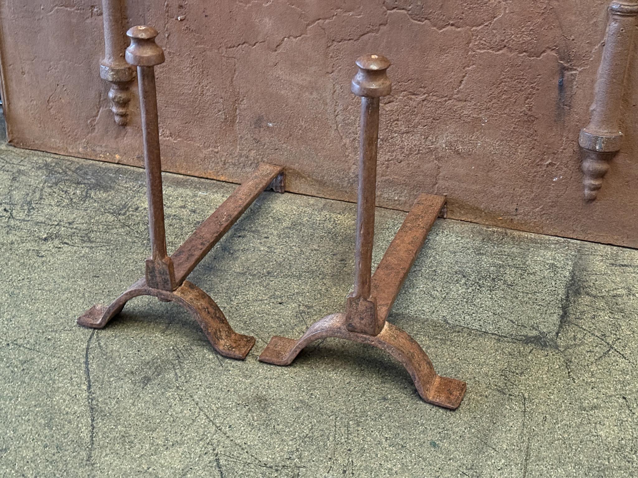 Wrought Iron 19th Century French Andirons or Firedogs, Neoclassical Period For Sale
