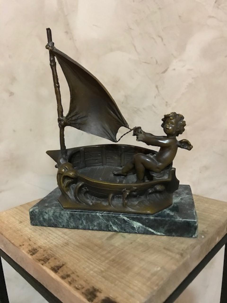 19th century French antique Auguste Moreau bronze representing an angel on his sailboat on a marble base.
Signed at the back Aug.Moreau. Nice quality.
 