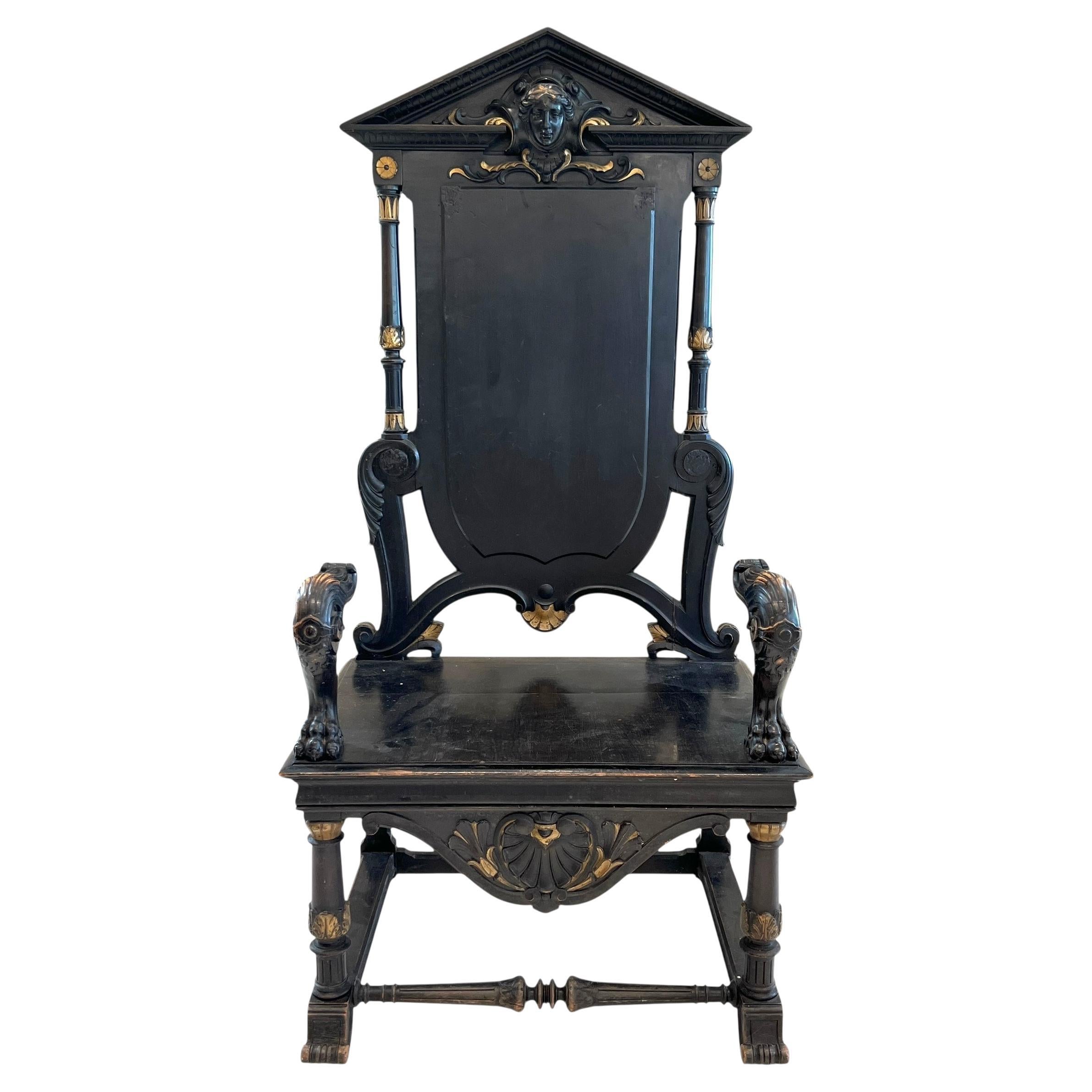 Silla de trono negra antigua francesa del siglo XIX procedente de París en venta
