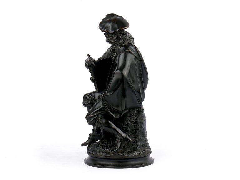 A very fine cabinet bronze sculpture depicting the seated figure of Rembrandt, it is inordinately well detailed in light of the small profile. The facial features are perfectly represented with a crisp nose and a firm brow over finely chiseled